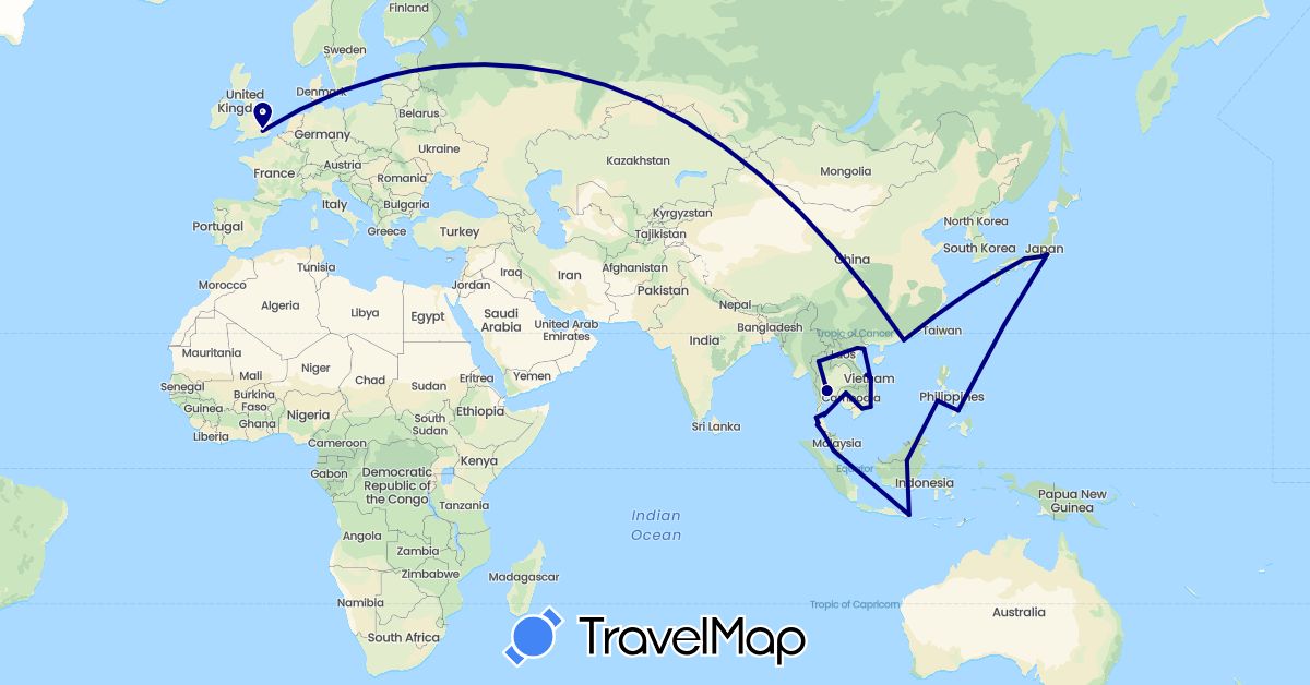 TravelMap itinerary: driving in China, United Kingdom, Indonesia, Japan, Cambodia, Malaysia, Philippines, Singapore, Thailand, Vietnam (Asia, Europe)